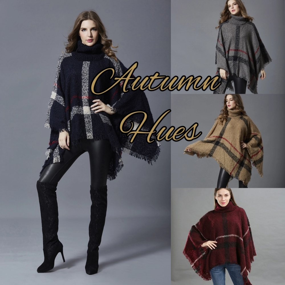 COZY PLAID PONCHO W/ TURTLENECK - Picture 2 of 16
